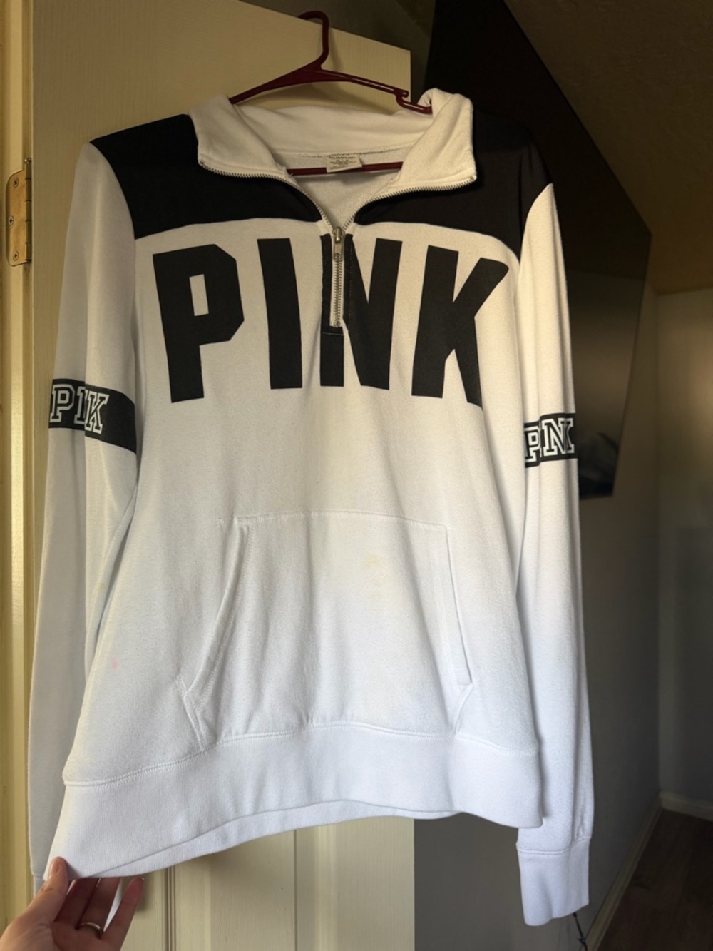 Victoria's Secret PINK White Pullover with Black Stripe Detail